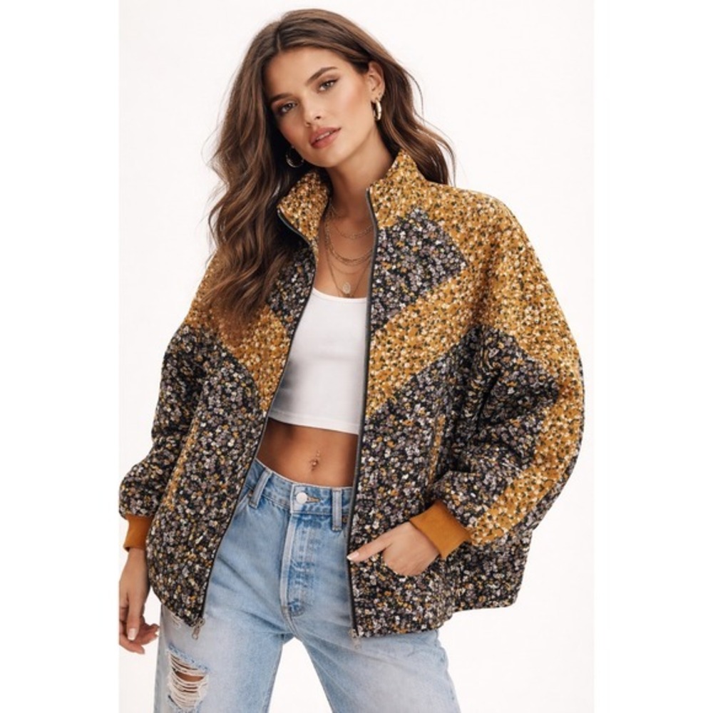 White Birch Quilted Floral Jacket Women Medium Mustard‎ Black
